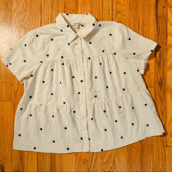 Madewell Seamed Button-Down Shirt in Embroidered Hearts L - Picture 3 of 7